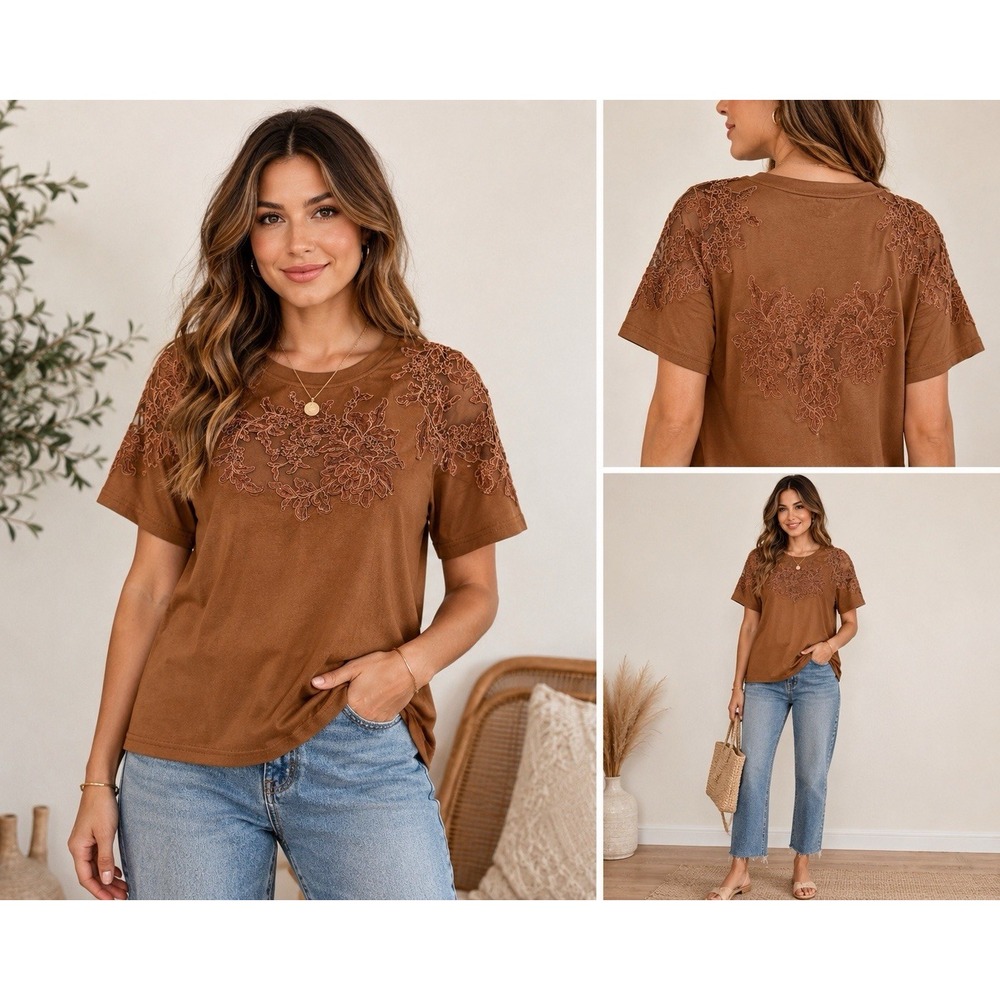 Anewsta Womens XL 12 Brown Floral Embroidered Lace Mesh Short Sleeve Blouse